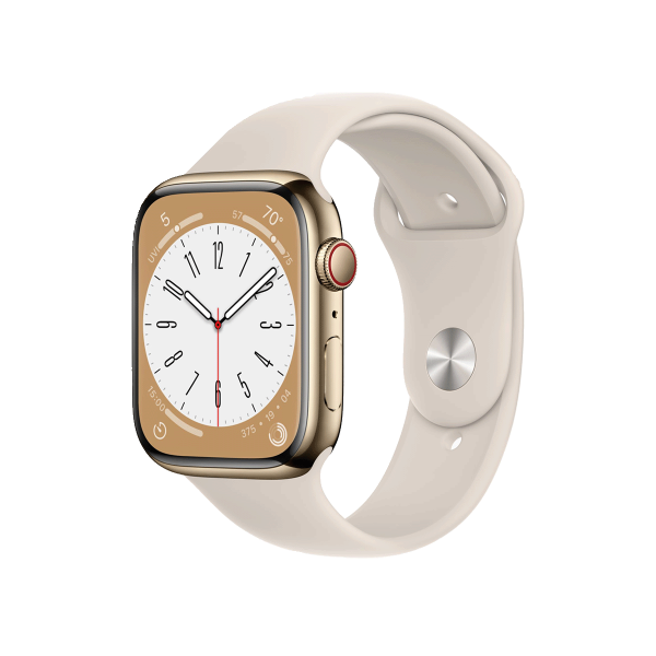 Apple Watch Series 8 | 45mm | Stainless Steel Case Goud | Sterrenlicht Wit sportbandje | GPS | WiFi + 4G