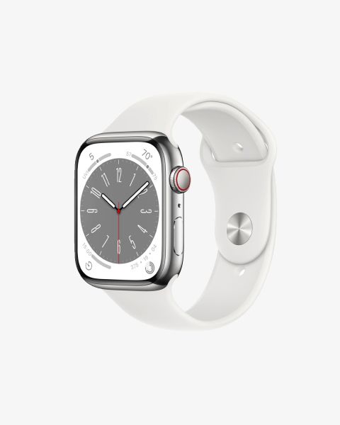 Apple Watch Series 8 | 45mm | Stainless Steel Case Zilver | Wit sportbandje | GPS | WiFi + 4G